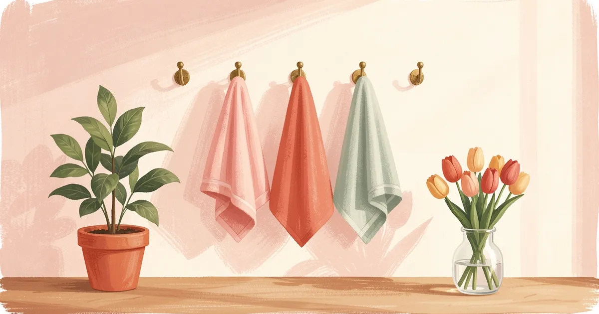 Ilustração de uma parede de salão com cinco ganchos, três com toalhas dobradas e dois vazios, ao lado de uma planta e de um vaso de tulipas