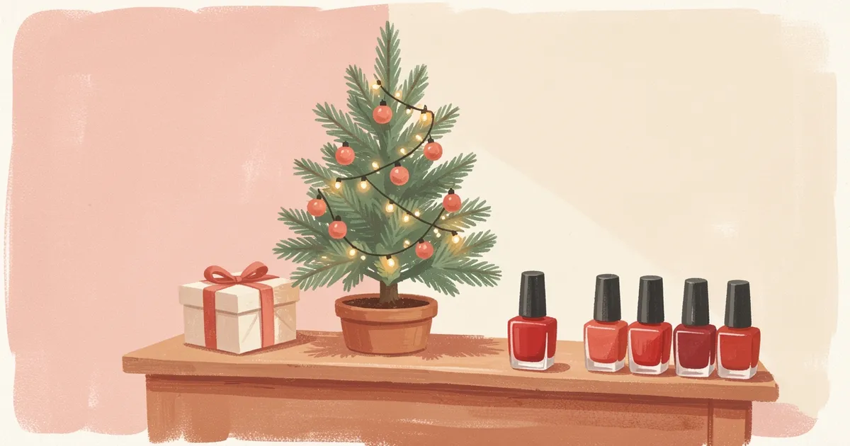 Ilustração de uma pequena árvore de Natal com luzes sobre o balcão de um salão, ao lado de uma caixa de presente e esmaltes vermelhos