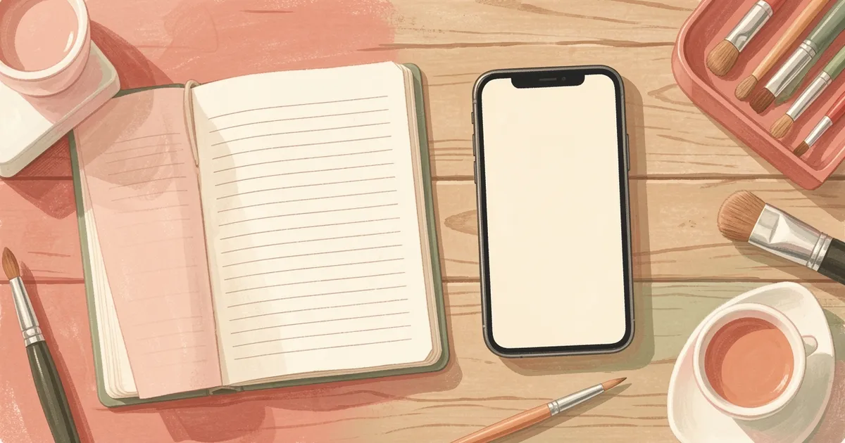 Ilustração de um caderno de agenda aberto com páginas em branco ao lado de um celular com tela em branco, sobre uma mesa de madeira