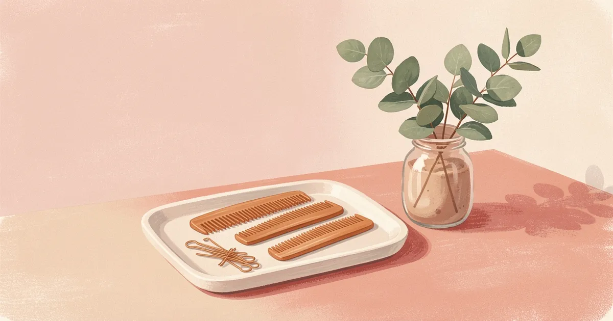 Ilustração de uma bandeja com três pentes de madeira de tamanhos decrescentes, um pote de vidro com grampos e um ramo de eucalipto em um vaso