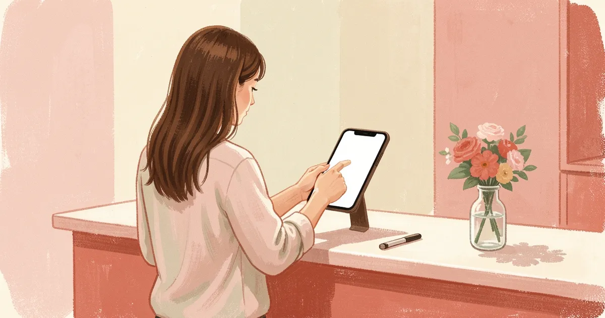 Ilustração de uma profissional de beleza vista de costas segurando um celular com tela em branco no balcão do estúdio