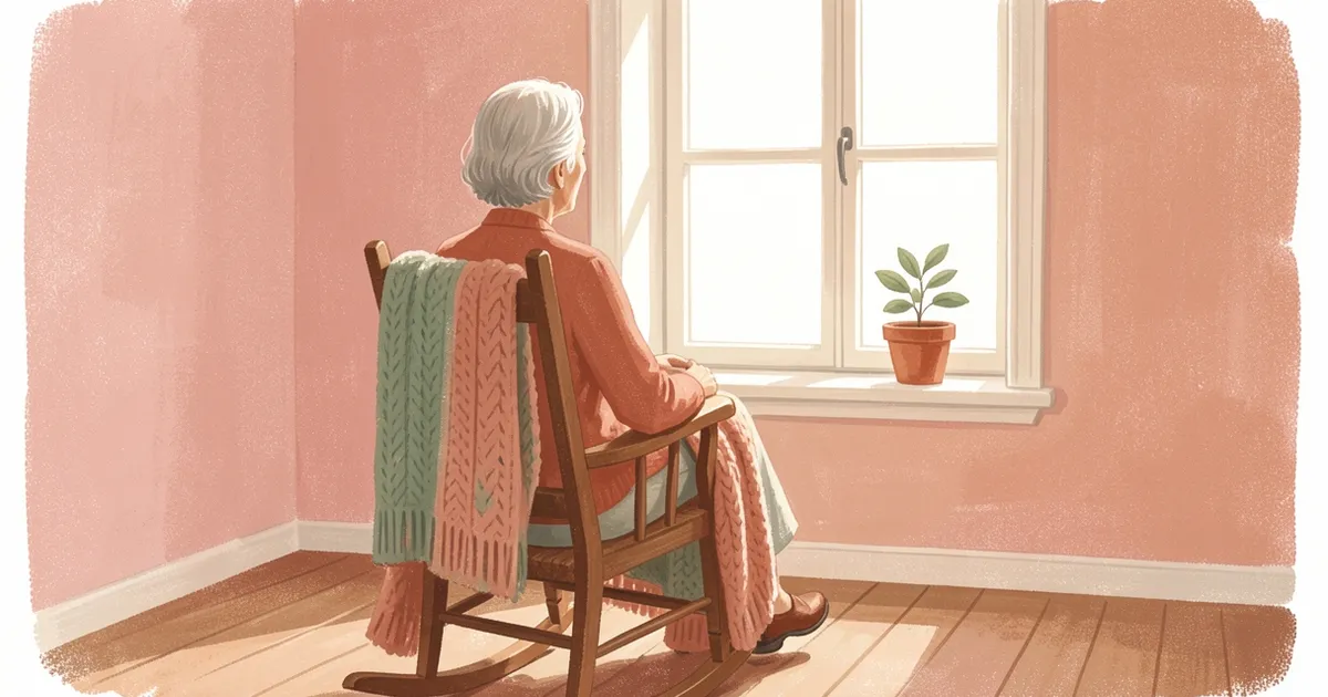 Ilustração de uma mulher mais velha vista de costas, sentada numa cadeira de balanço de madeira perto de uma janela ensolarada com um vaso de planta