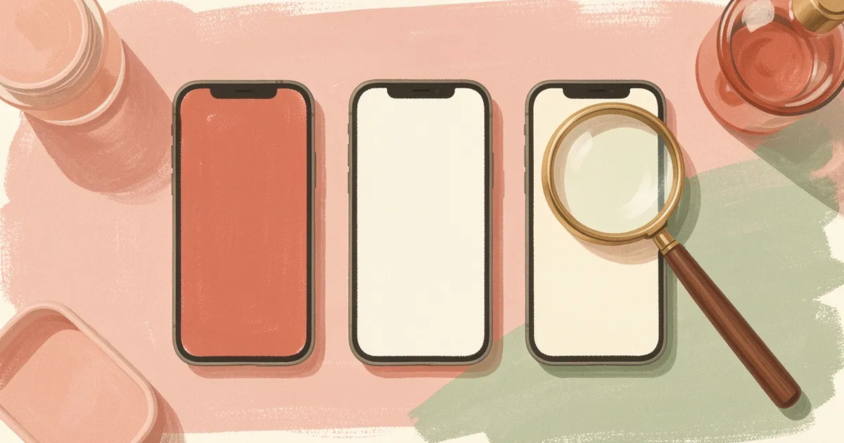 Ilustração de três celulares com telas em branco lado a lado sobre uma mesa, com uma lupa ao lado sugerindo comparação