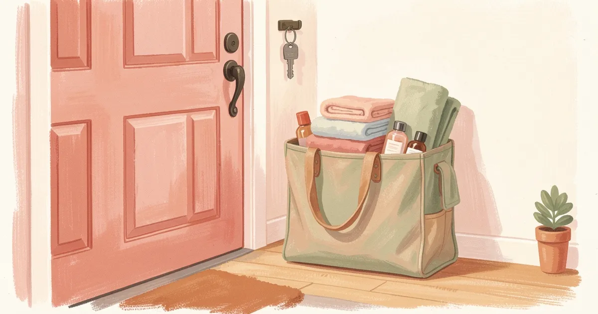 Ilustração de uma maleta de atendimento com toalhas dobradas e potes pequenos ao lado de uma porta com uma chave pendurada