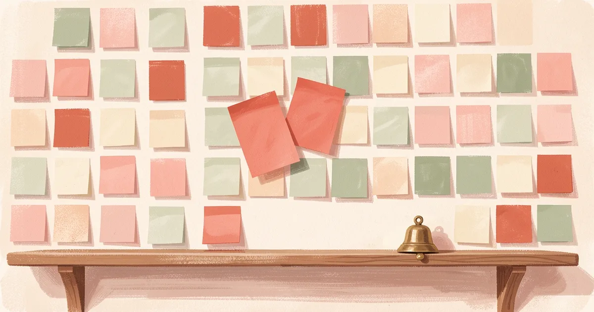 Ilustração de uma parede com notas adesivas em grade, três notas coral amontoadas num mesmo ponto e um sininho na prateleira