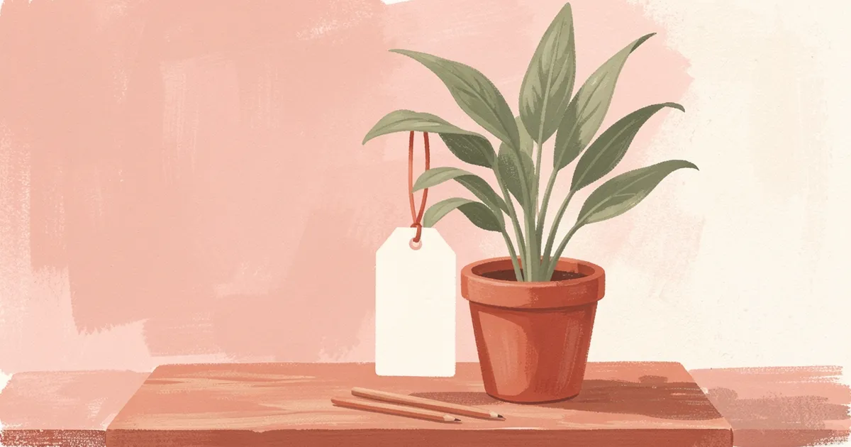 Ilustração de uma etiqueta de preço em branco pendurada em uma fita ao lado de uma planta em vaso que cresceu, sobre um balcão