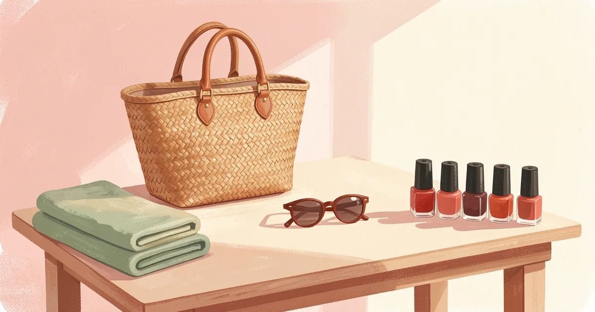 Ilustração de uma bolsa de praia de palha e óculos de sol sobre uma mesa de manicure vazia, com toalhas dobradas ao lado