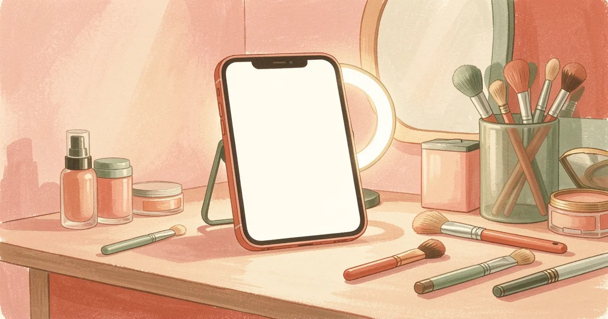 Ilustração de um celular com tela em branco apoiado em um ring light pequeno sobre uma penteadeira, cercado por ferramentas de beleza