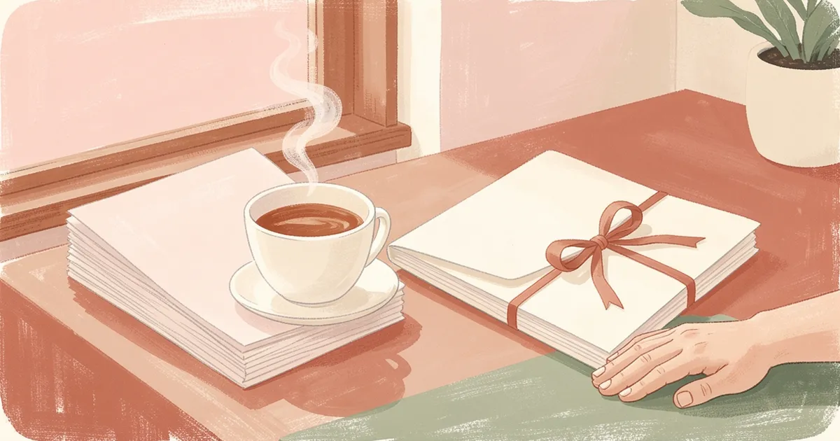 Ilustração de uma xícara de chá fumegante ao lado de pastas em branco empilhadas e uma pasta pequena amarrada com fita, com uma mão apoiada no balcão