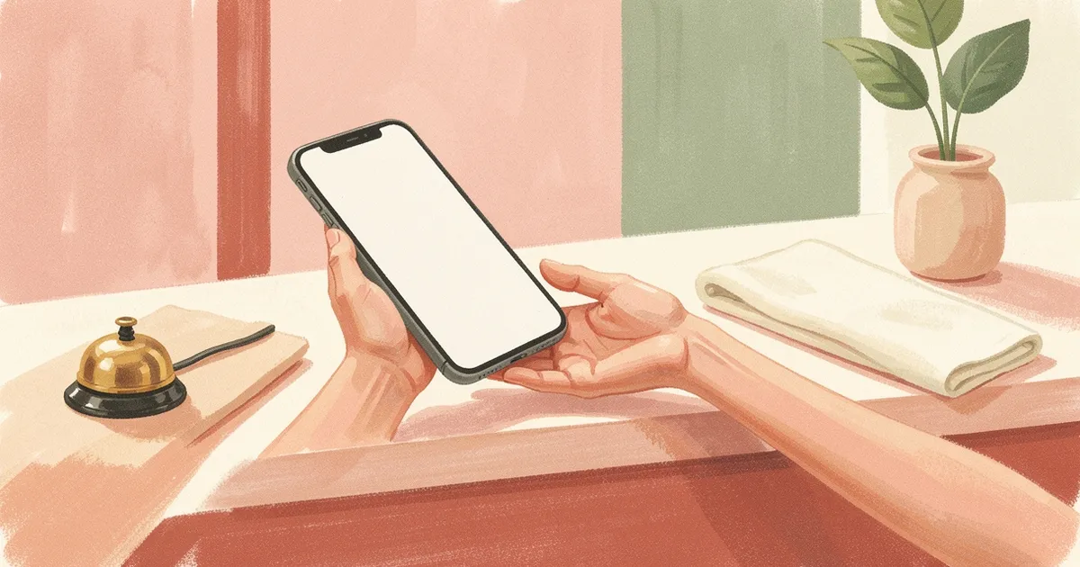 Ilustração de duas mãos no balcão do salão, uma mostrando um celular com tela em branco para a outra, ao lado de um sino de recepção