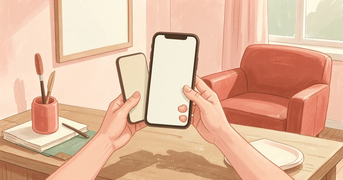 Ilustração de duas mãos próximas, uma oferecendo um celular com tela em branco à outra, perto de uma cadeira de recepção do salão