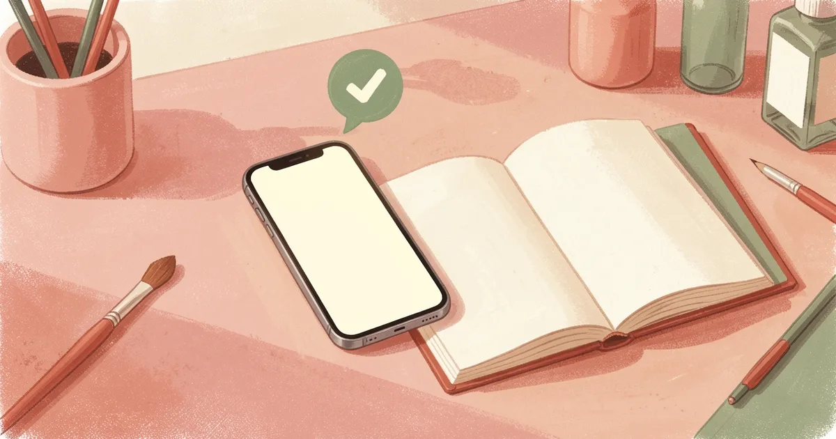 Ilustração de um celular com tela em branco e uma pequena bolha verde de confirmação, ao lado de um caderno aberto sobre a mesa