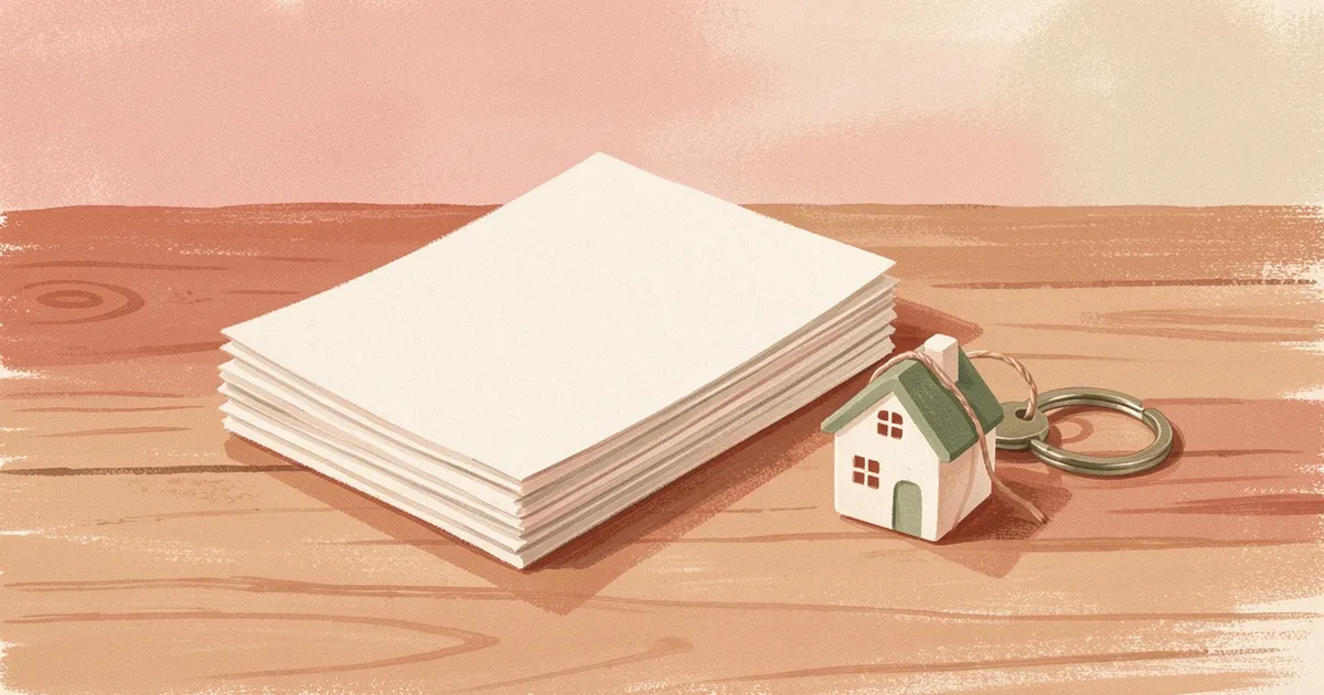 Ilustração de uma pilha de papéis em branco dobrados e amarrados com barbante, ao lado de um chaveiro em forma de casinha