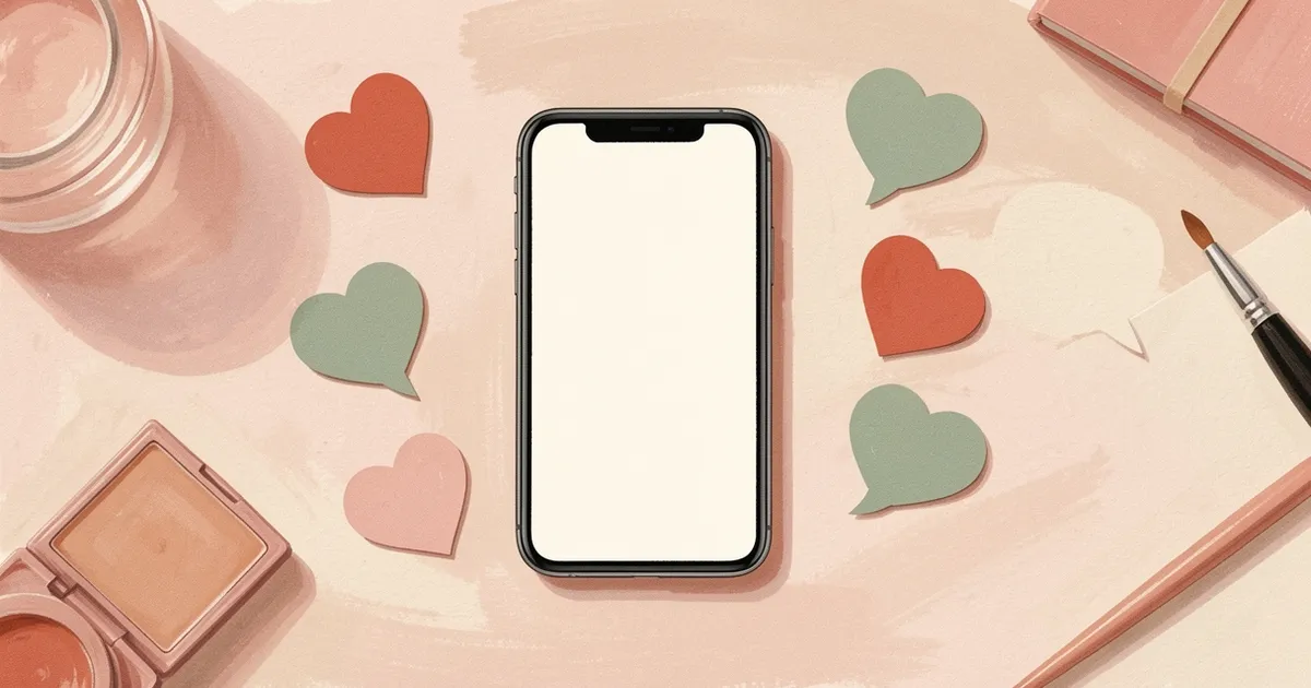 Ilustração de um celular com tela em branco cercado por recortes de papel em forma de coração e balão de mensagem, vista de cima