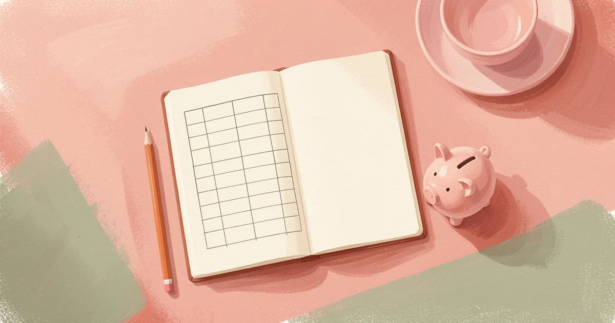 Ilustração de um caderno aberto com uma grade de colunas em branco, um lápis e um cofrinho ao lado, vistos de cima