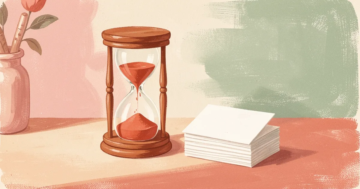 Ilustração de uma ampulheta com areia caindo ao lado de uma pilha de fichas em branco sobre a mesa do estúdio