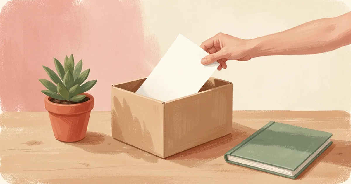 Ilustração de uma mão colocando uma folha em branco dentro de uma caixa de arquivo, com uma planta e uma pasta fechada ao lado, sobre a mesa
