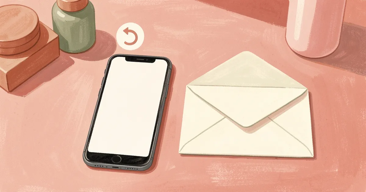 Ilustração de um celular com tela em branco e uma seta circular flutuando acima, ao lado de um envelope aberto em branco