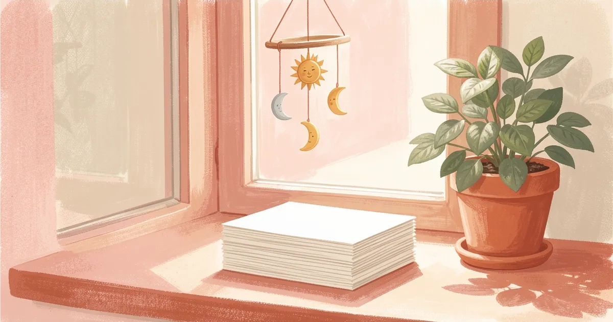 Ilustração de um móbile de sol e lua pendurado numa janela ensolarada, sobre uma pilha de fichas em branco no parapeito