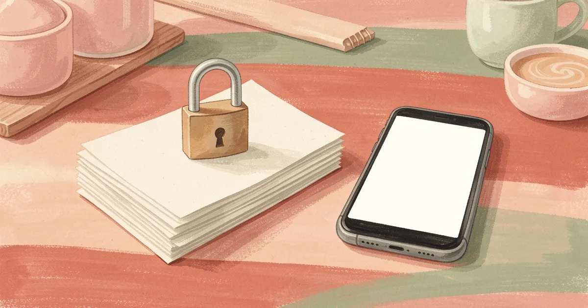 Ilustração de um pequeno cadeado sobre uma pilha de papéis dobrados em branco, ao lado de um celular com tela em branco