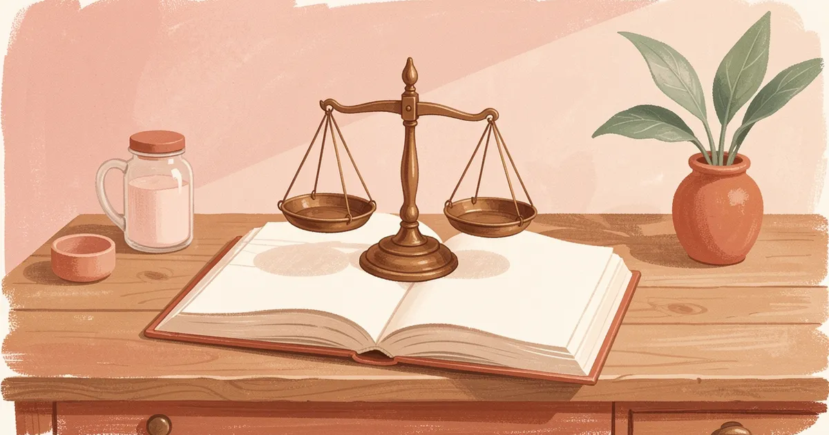 Ilustração de uma pequena balança de equilíbrio sobre um livro aberto com páginas em branco, sobre uma mesa de madeira