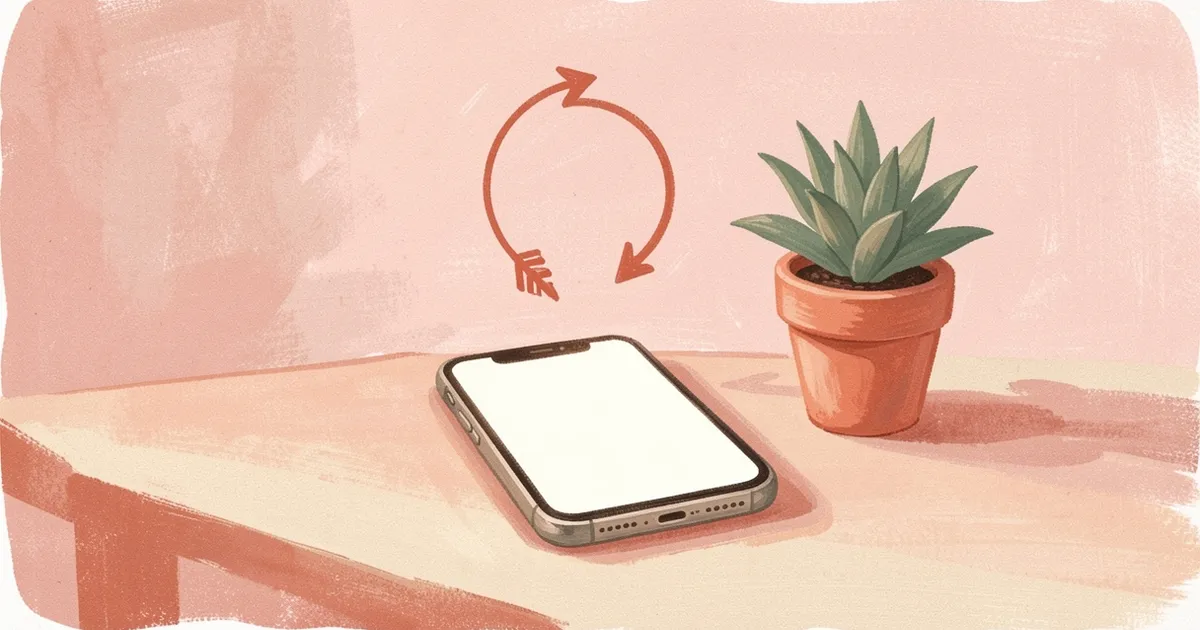 Ilustração de duas setas formando um círculo acima de um celular com tela em branco, sobre um balcão com uma planta pequena