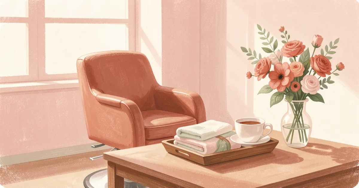 Ilustração de um interior de estúdio aconchegante com cadeira de salão, bandeja de toalhas dobradas, xícara de chá e vaso de flores