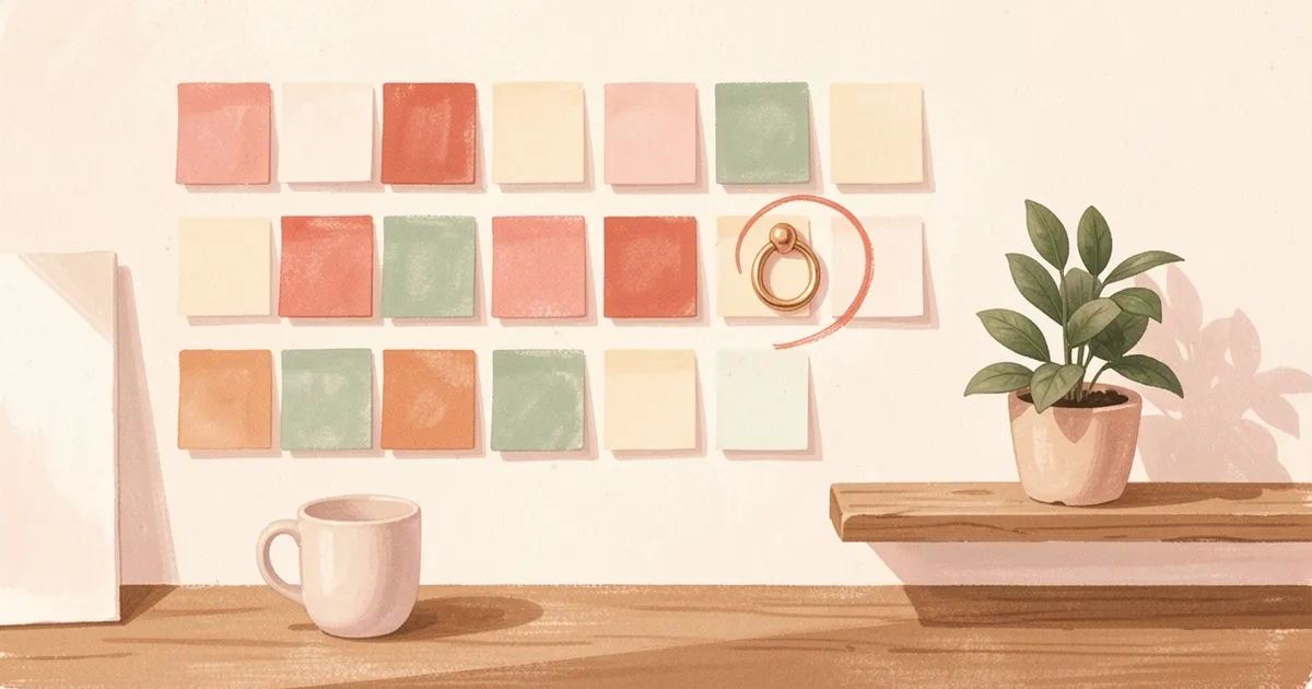 Ilustração de notas adesivas em grade na parede, com uma nota coral destacada por um círculo, ao lado de uma planta na prateleira