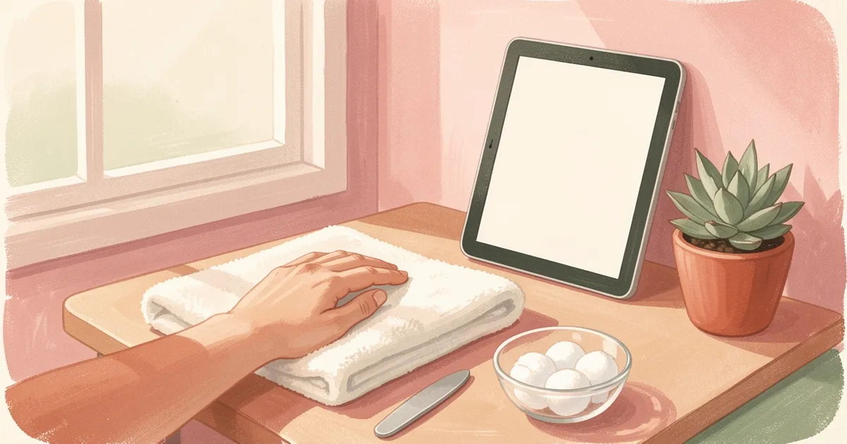 Ilustração de uma mão apoiada sobre toalha dobrada numa mesa de manicure, com lixa, potinho de algodão e um tablet de tela em branco ao lado de uma suculenta