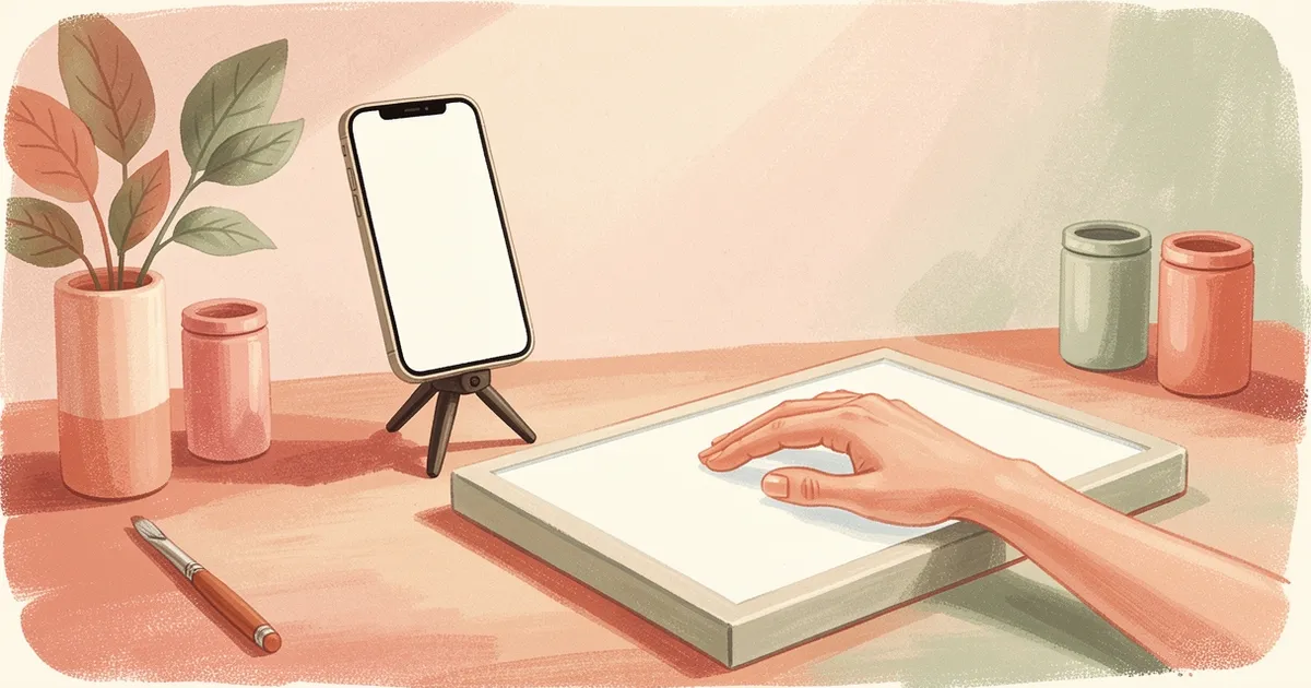 Ilustração de um tripé pequeno segurando um celular com tela em branco, apontado para uma mão com unhas feitas sobre uma caixa de luz