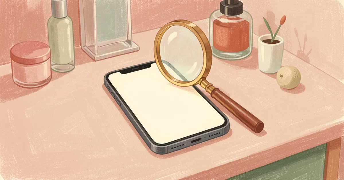 Ilustração de um celular com tela em branco e uma lupa pequena pairando sobre ele, sobre o balcão do salão