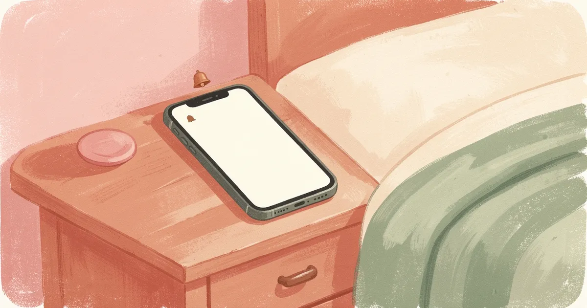 Ilustração de um celular com tela em branco e um sininho flutuando acima, sobre uma mesinha com uma manta dobrada