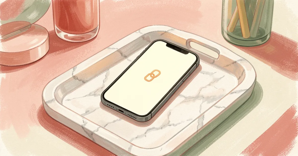 Ilustração de um celular com tela em branco mostrando um pequeno ícone de elo de corrente, sobre uma bandeja de mármore