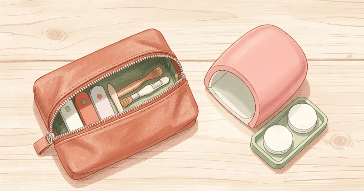 Ilustração de uma necessaire aberta com lixas, empurrador de cutícula e pincel, ao lado de uma cabine de unhas e uma bandeja de algodão