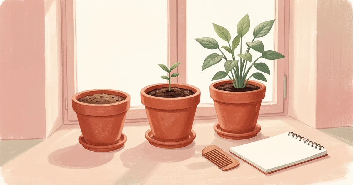 Ilustração de três vasos de barro na janela de um salão, com terra, um broto e uma planta folhosa, ao lado de um pente e um bloco em branco