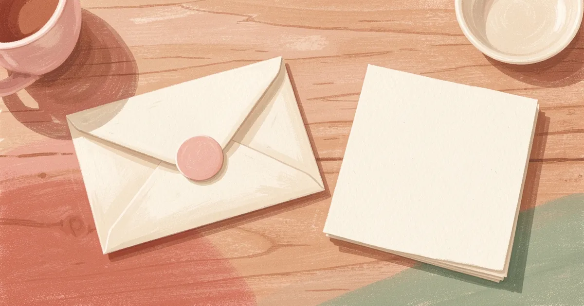 Ilustração de um envelope em branco com um adesivo redondo na aba, ao lado de uma folha de calendário dobrada, sobre a mesa