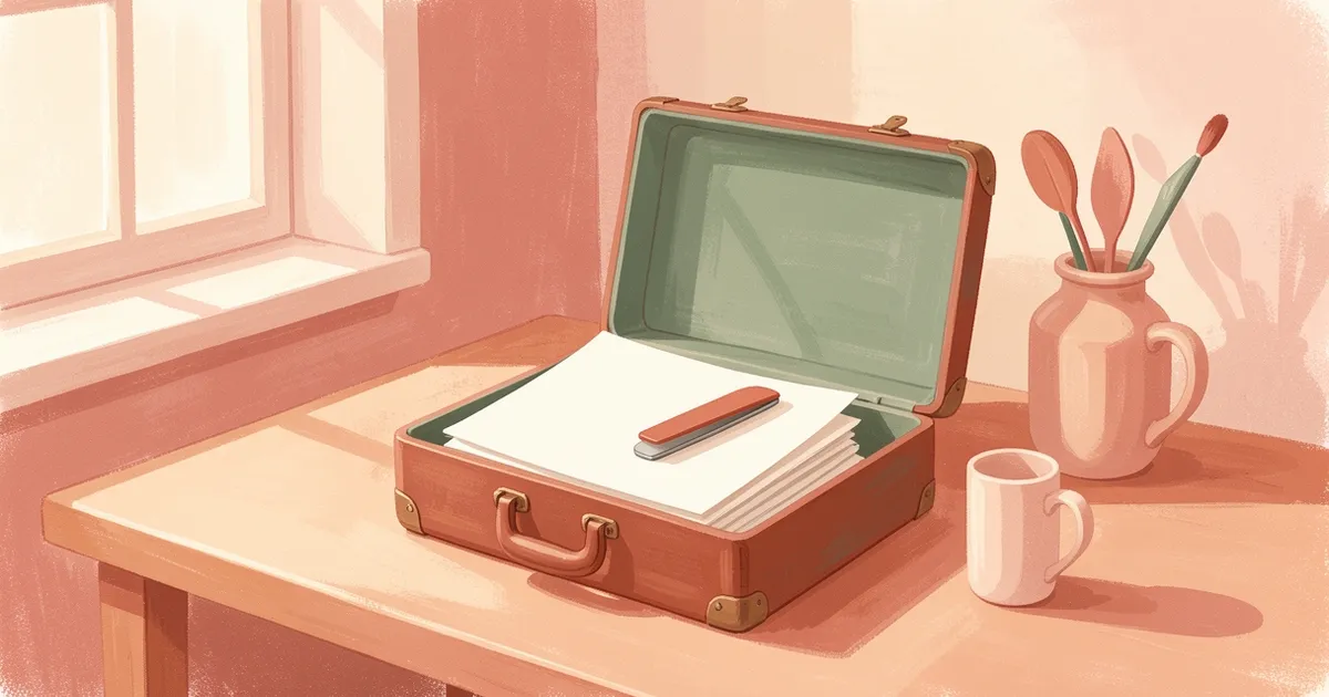 Ilustração de uma maleta aberta sobre a mesa com documentos em branco dobrados e uma lixa de unha por cima