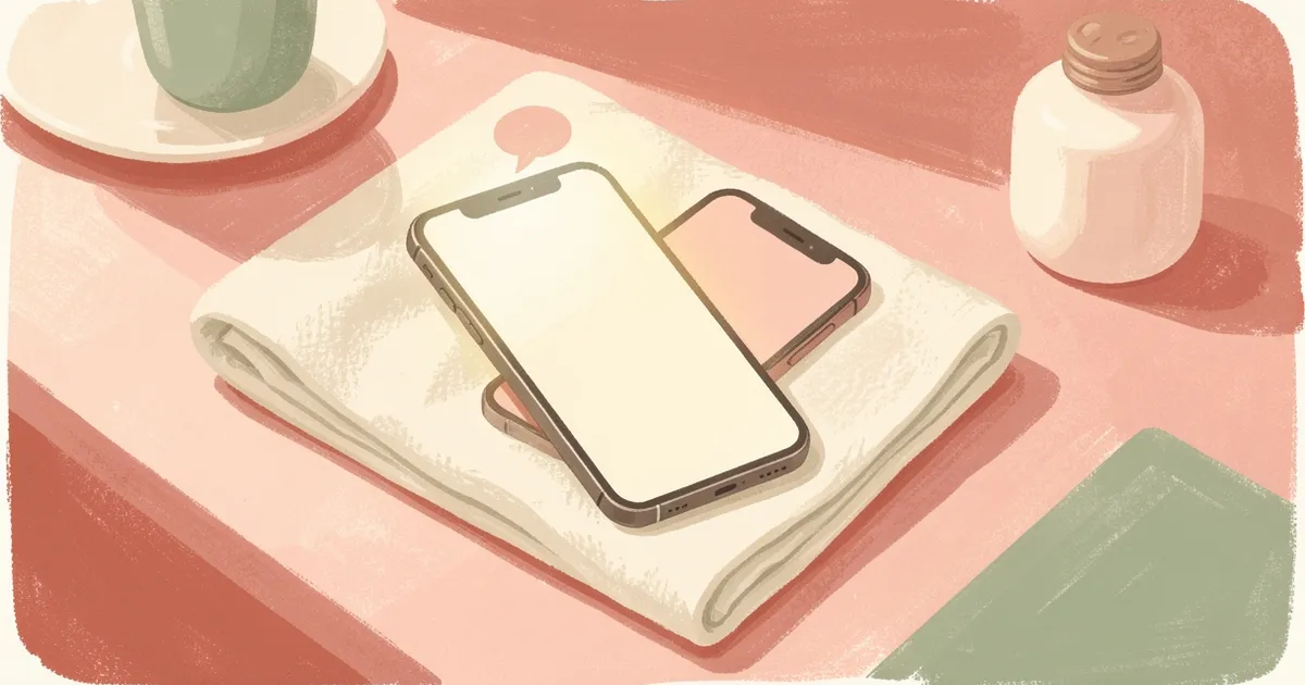 Ilustração de um celular com tela em branco e um balão de mensagem pequeno acima, sobre uma toalha dobrada