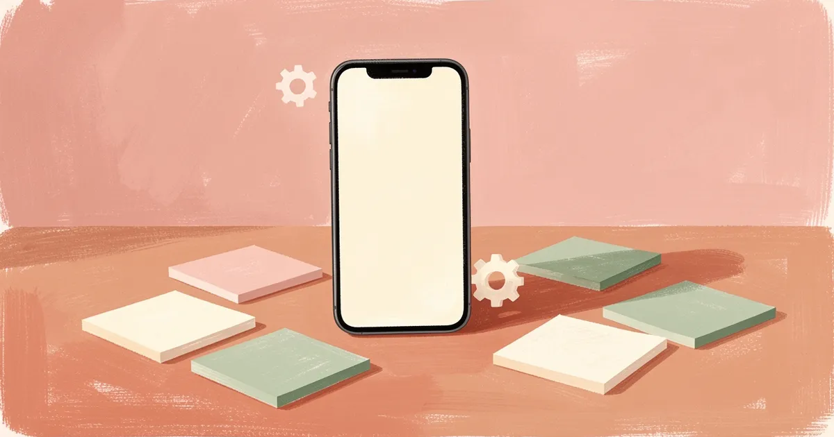 Ilustração de um celular apoiado com tela em branco e uma pequena engrenagem ao lado, cercado por papéis em branco sobre a mesa