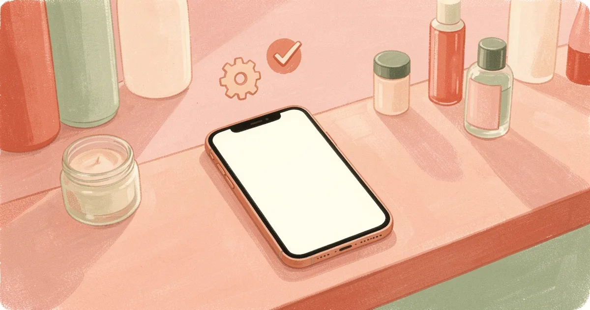 Ilustração de um celular com tela em branco e ícones de engrenagem e confirmação acima, sobre o balcão de recepção