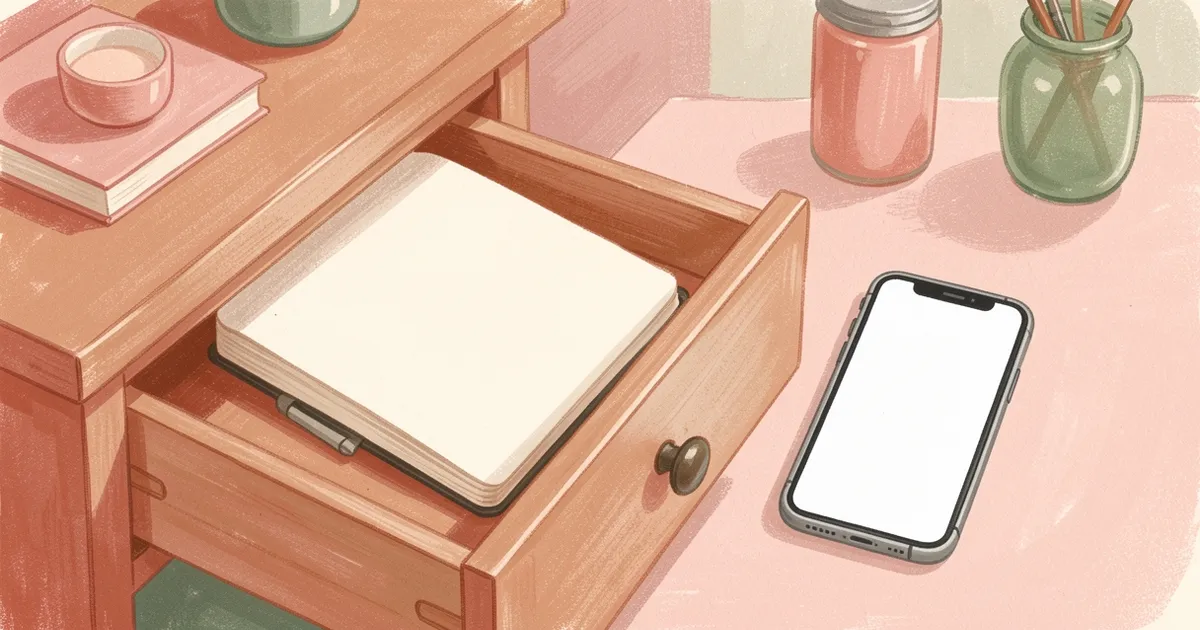 Ilustração de um caderno com páginas em branco sendo guardado em uma gaveta, com um celular de tela em branco aberto ao lado
