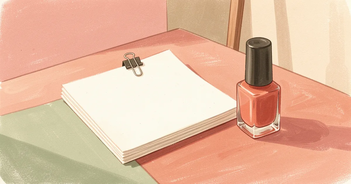 Ilustração de uma pilha de folhas em branco presas com um clipe, ao lado de um vidro de esmalte sobre a mesa, luz da manhã