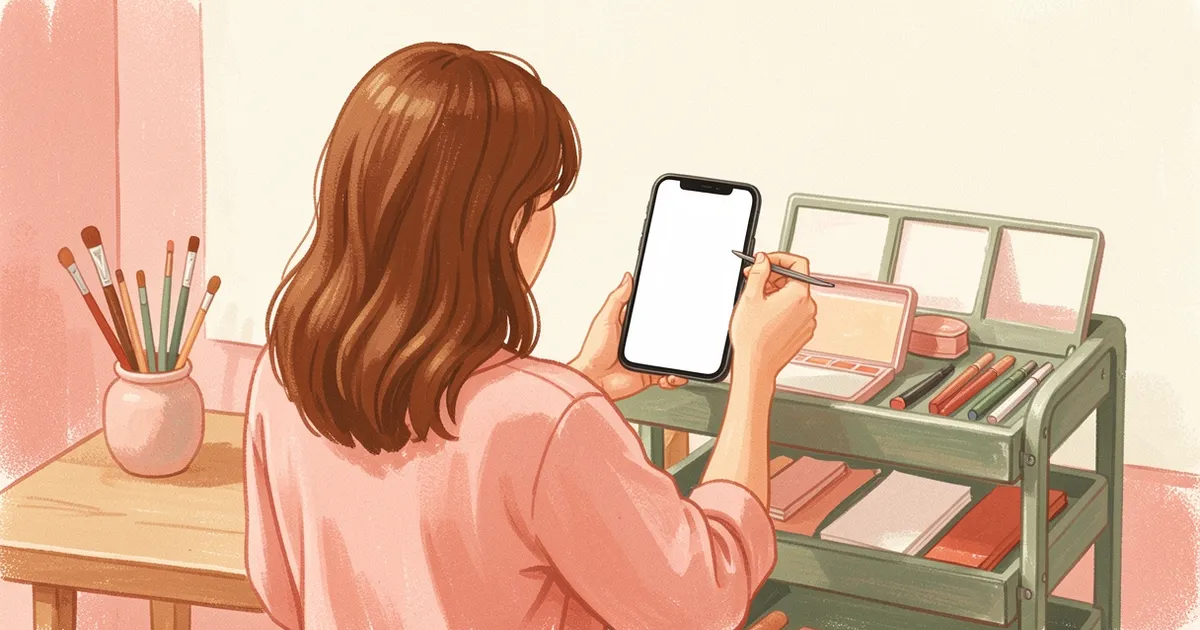 Ilustração de uma profissional vista de costas segurando um celular com tela em branco em uma mão e pinça de cílios na outra