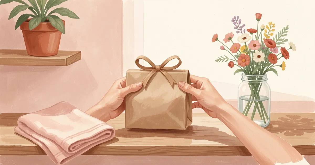 Ilustração de duas mãos passando uma sacolinha de papel amarrada com fita sobre um balcão, com toalha dobrada e vaso de flores ao lado