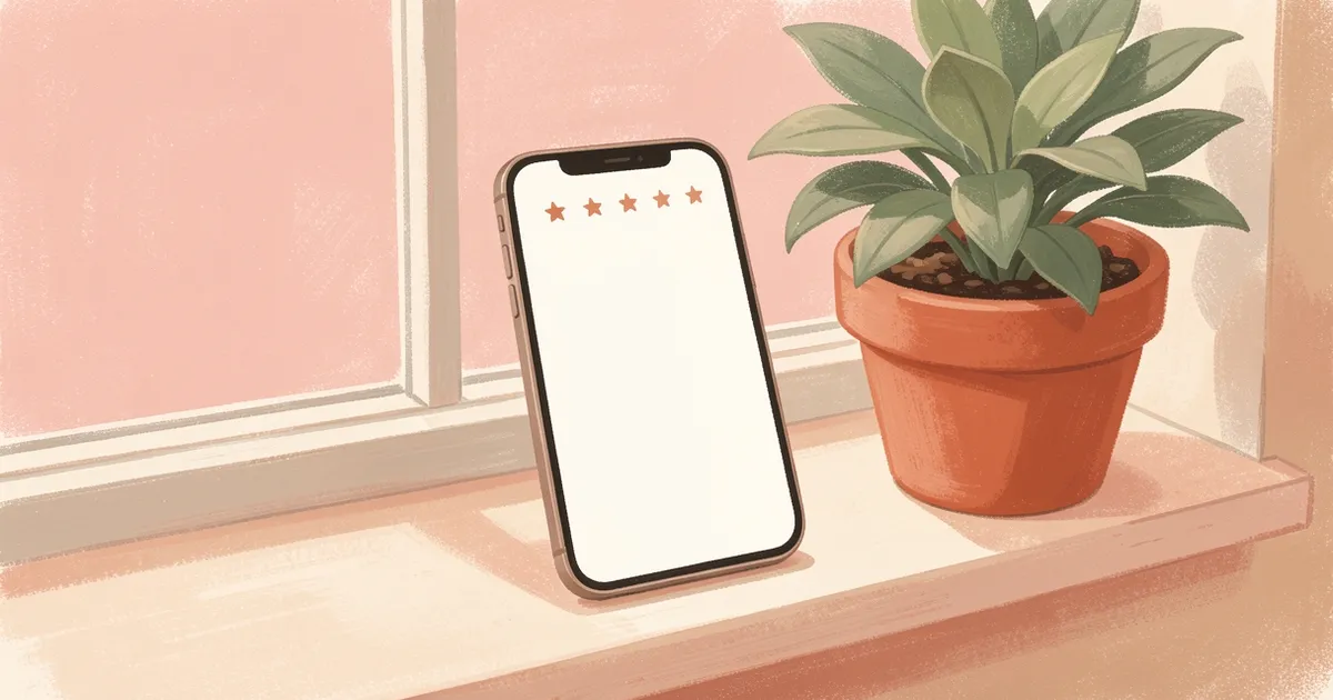 Ilustração de um celular com tela em branco mostrando cinco estrelas em contorno, sobre um parapeito de janela com uma planta