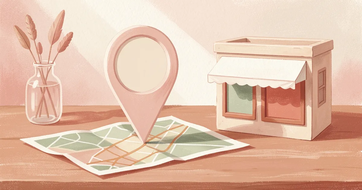 Ilustração de um pino de mapa em branco sobre um mapa de papel dobrado, ao lado de uma maquete de fachada com toldo em branco