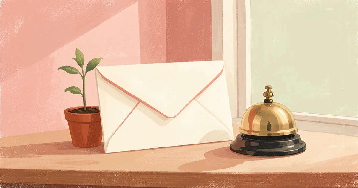Ilustração de um envelope lacrado com fita encostado em uma muda recém-brotada, ao lado de um sino de balcão em um salão