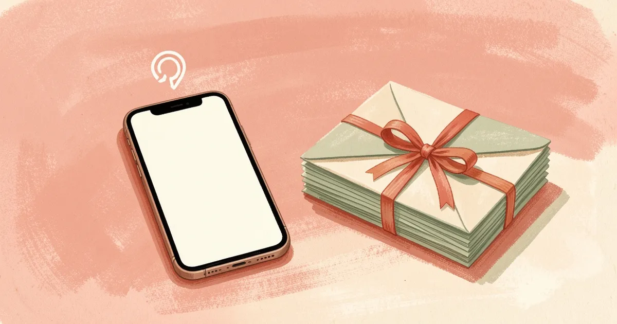 Ilustração de um celular com tela em branco, uma seta circular acima e uma pilha de envelopes iguais amarrados com fita