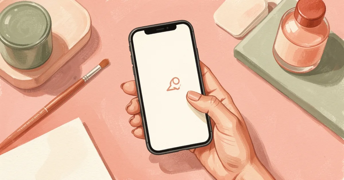 Ilustração de um celular com tela em branco e um pequeno ícone de copiar, segurado perto de uma mão com unhas feitas