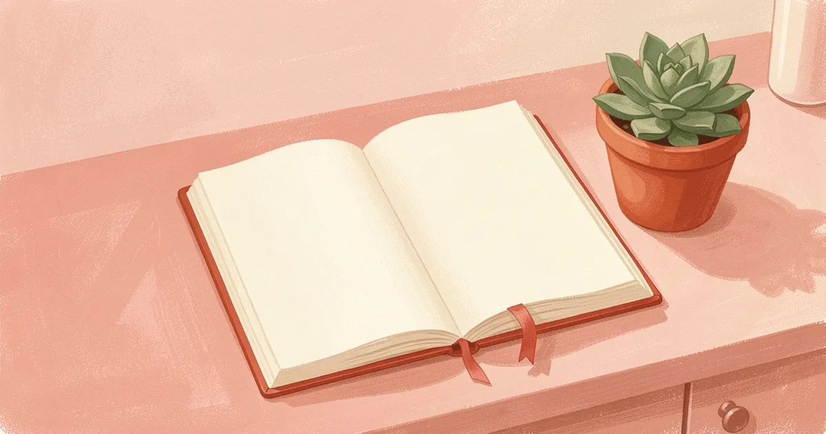 Ilustração de um caderno aberto com página em branco e um marcador de fita, sobre o balcão do salão ao lado de uma suculenta